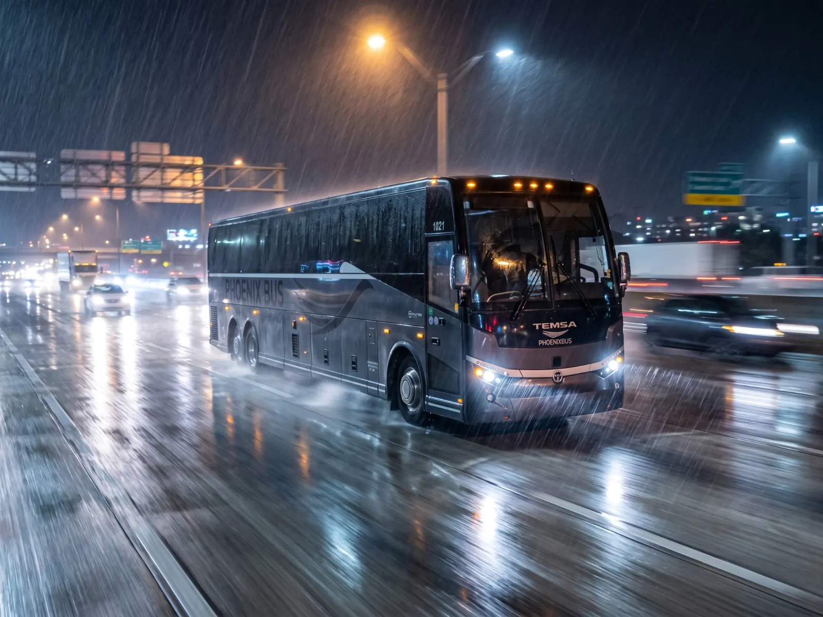 Phoenix Bus Orlando Temsa motorcoach #1021 running an overnight emergency evacuation transfer in heavy rain on a Central Florida interstate