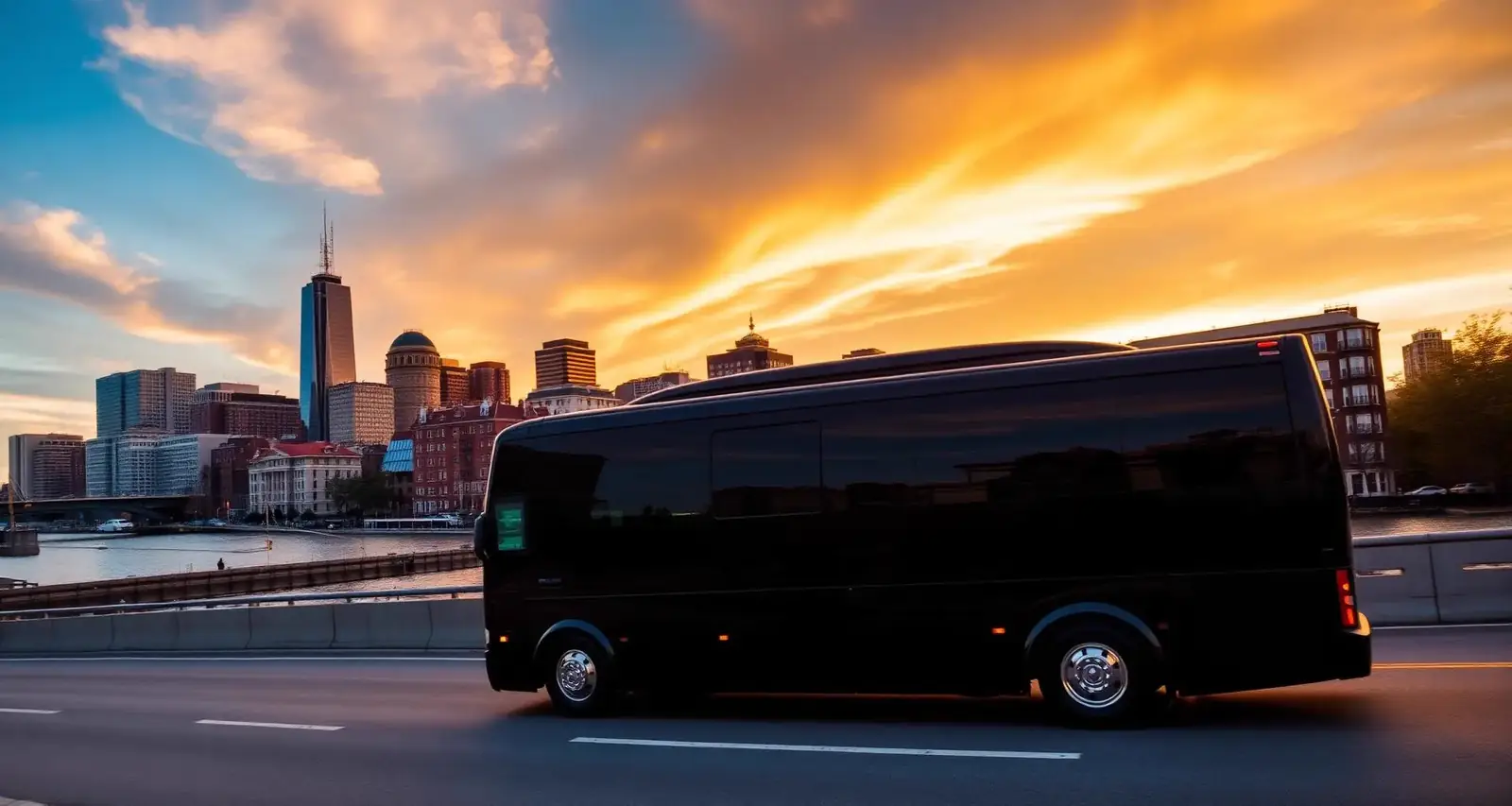 View of the Boston skyline and waterfront at dusk