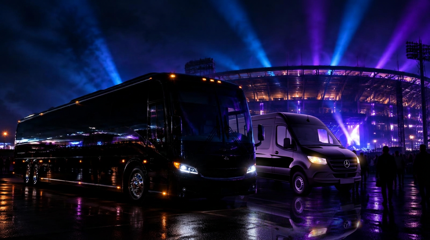 Phoenix Bus motorcoach and executive van outside a concert stadium