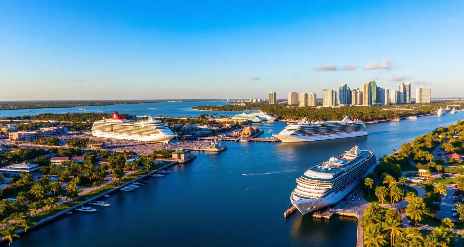 Phoenix Bus Fort Lauderdale - Aerial View of Port Everglades Cruise Terminals and Broward County Skyline